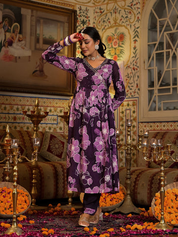 Varanga Purpl Floral Printed Mirror Embroidered Angrakha Style A-Line Kurta Set With Chiffon Dupatta